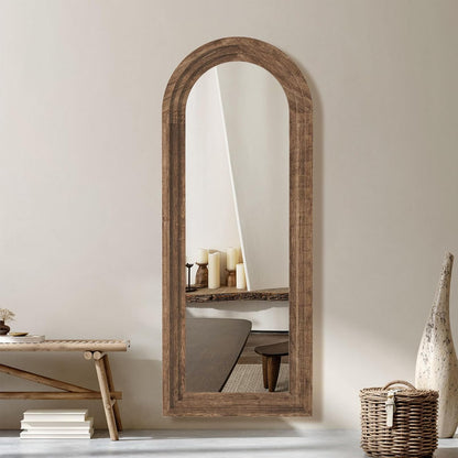 71x32 Inch Arched Full Length Mirror with Solid Wood Frame Wall Mounted Floor Mirror, Vertical Hanging Leaning Standing Mirror for Living Room, Bedroom, Entryway, Brown