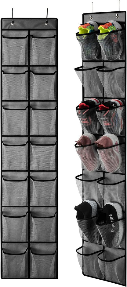 KEEPJOY Over the Door Shoe Organizer, Hanging Shoe Organizer with 4 Hooks, Shoe Holder with 14 Mesh Pockets Closet Door Shoe Storage Bag (White-2Pack)
