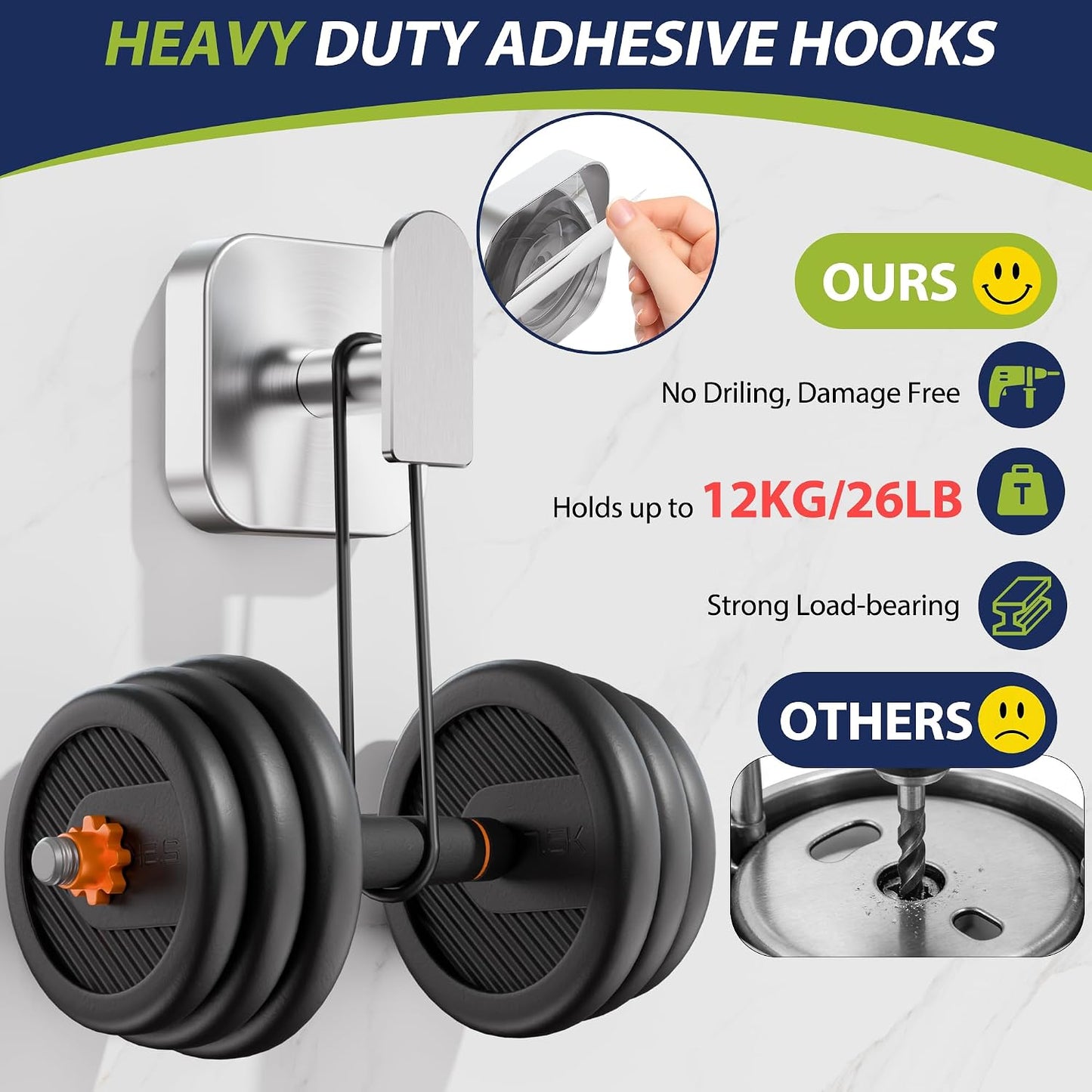 Aikzik Large Heavy Duty Wall Hooks - 26lb Max, Stainless Steel Replaceable Adhesive Towel Hook, Hooks for Hanging Towel, Coat, Sticky Towel Holder Stick on Bathroom, Shower, Kitchen, Black(2 Pack)