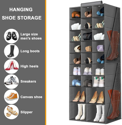 Hanging Shoe Organizer for Closet with 8 Shelves,Mesh Pockets-Wider Hanging Shelves for Shoes,Clothes,Hats with Sturdy Bamboo-Supported Design (Beige)