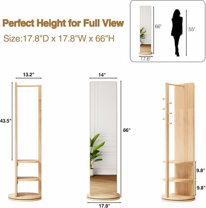 Full Length Mirror with Coat Rack & Storage, 360° Rotating Solid Wood Standing Floor Mirror with Shelves for Bedroom, Entryway, Dressing Room (Natural Wood, 66" x 18")