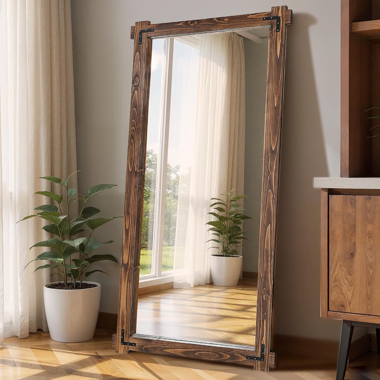 65x24 Inch Full Length Mirror, Pine Frame Full Body Standing Mirror with Metal Decorative, Black