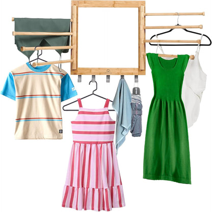 Bamboo Wall Mount Drying Rack for Laundry – Collapsible Foldable Clothes Dryer with 8 Arms & 5 Hooks, Space-Saving Laundry Hanger Dryer Rack, 20 Inch, 80 lb Capacity (Neutral)