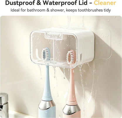 MOPMS Toothbrush Holders for Bathrooms【2 Slot Independent Compartment Design】 2PCS Electric Toothbrush Holder Wall Mounted for Shower, Toothbrush Dispenser Storage Organizer with Cover for Family