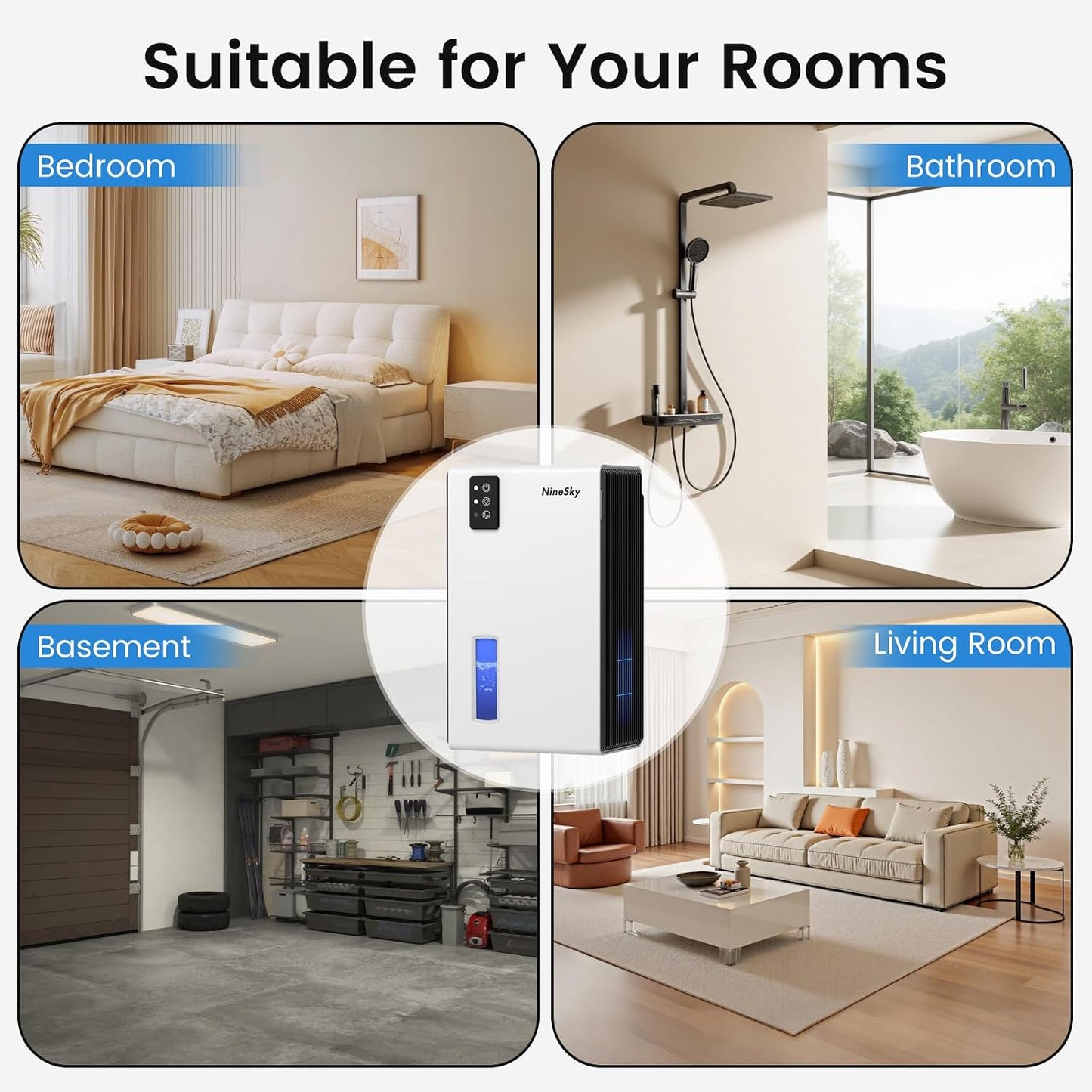 NineSky Dehumidifiers for Home, 1000 Sq.Ft Dehumidifier with 95oz Water Tank, Quiet Dehumidifier for Basement Bathroom Bedroom with 7-Color Ambient Light & Auto Shut Off, Sliver