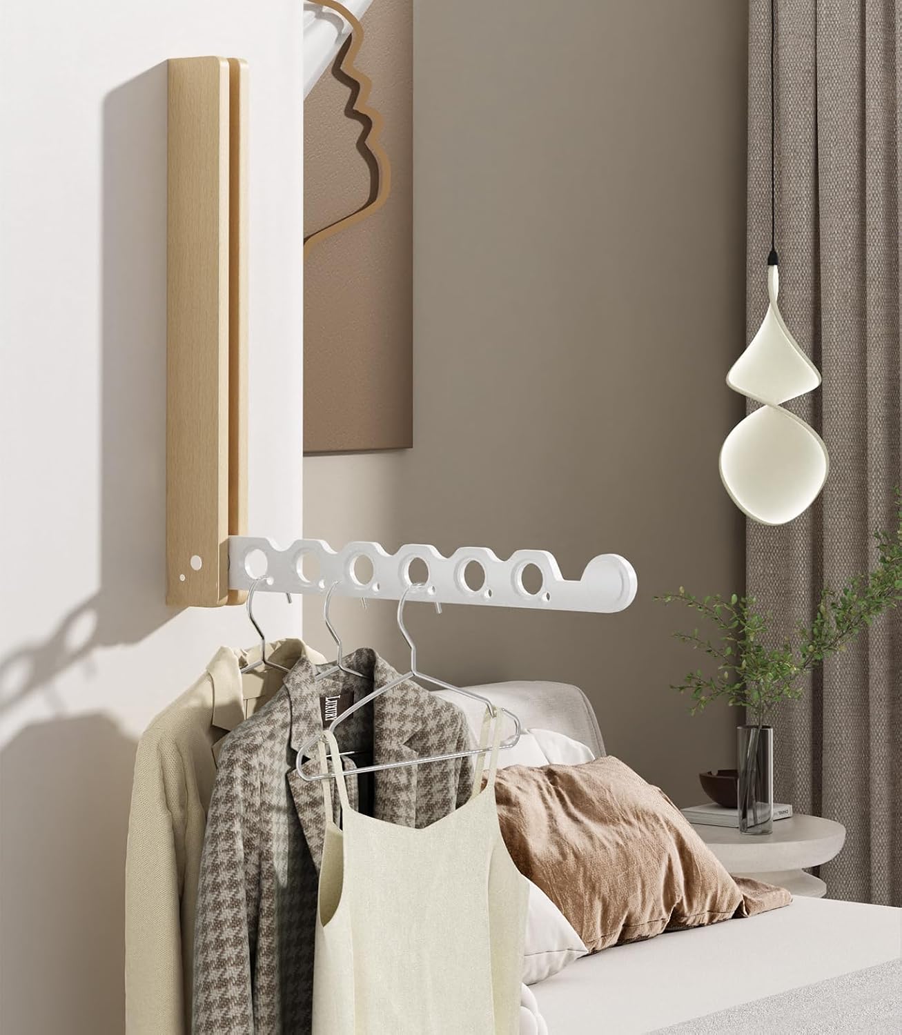 Natural Wood Folding Clothes Hanger Rack for Laundry Room, Wall Mounted Clothes Drying Rack, Laundry Drying Rack Foldable, Perfect for Small Spaces, Walnut Wood Black