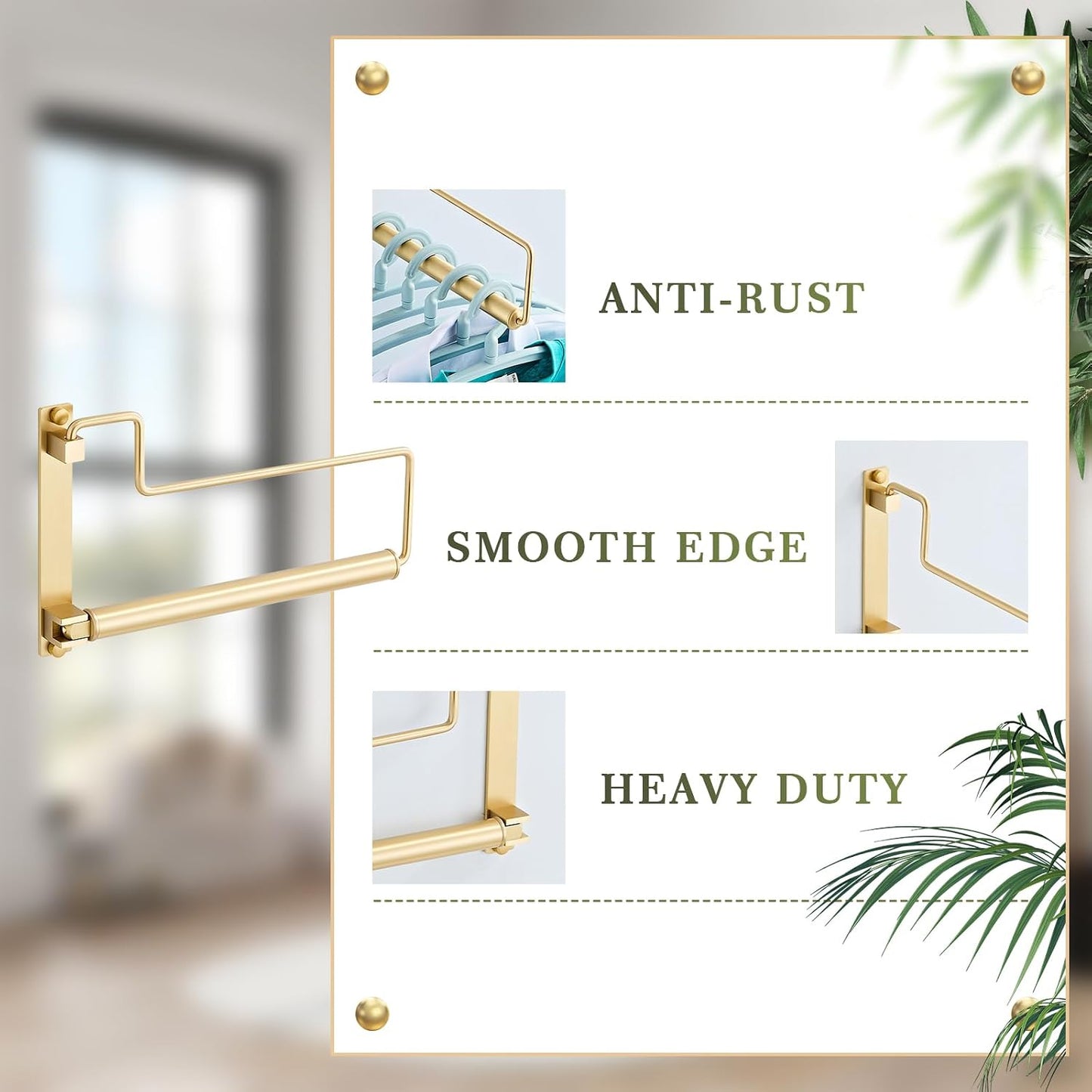 NEWRAIN Folding Wall Mounted Clothes Hanger Rack Clothes Hook Solid Brass with Swing Arm Holder Clothing Hanging System Closet Storage Organizer Heavy Duty Drying Rack Wall Mount,Brushed Gold