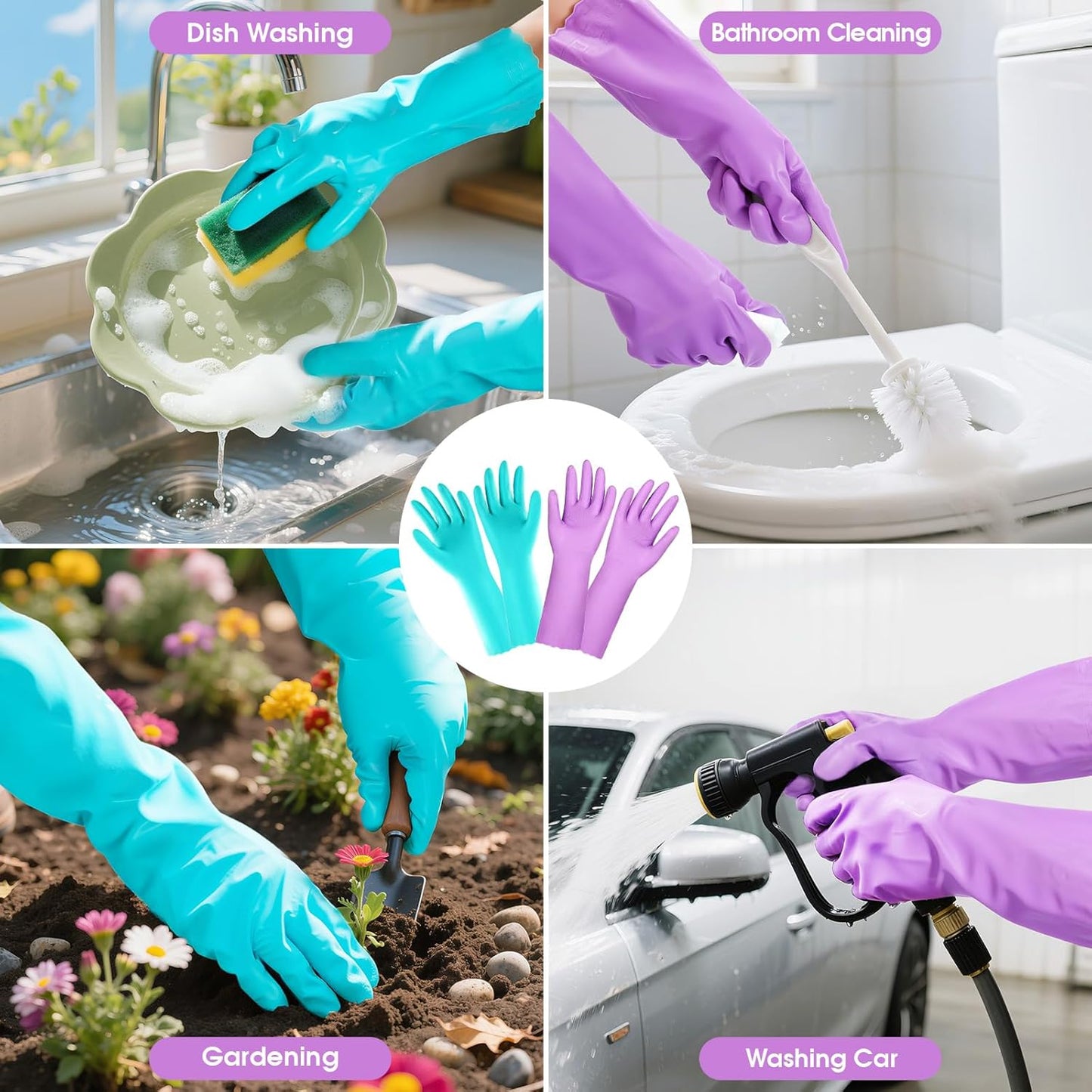 Elgood Reusable Long Sleeve Dishwashing Cleaning Gloves with Latex Free,Cotton Lining,Kitchen Gloves 2 Pairs,Purple+Blue M