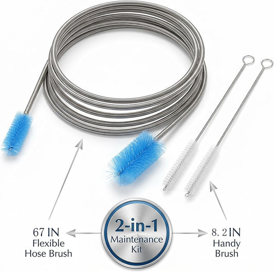67" Flexible Drain Brush Set, Double Ended Long Hose Pipe Cleaner with 2 Pcs 8.2" Straw Cleaning Brushes, Nylon Tube Cleaner Tool for Refrigerator Defrost, Aquarium Filter, Sink Drain