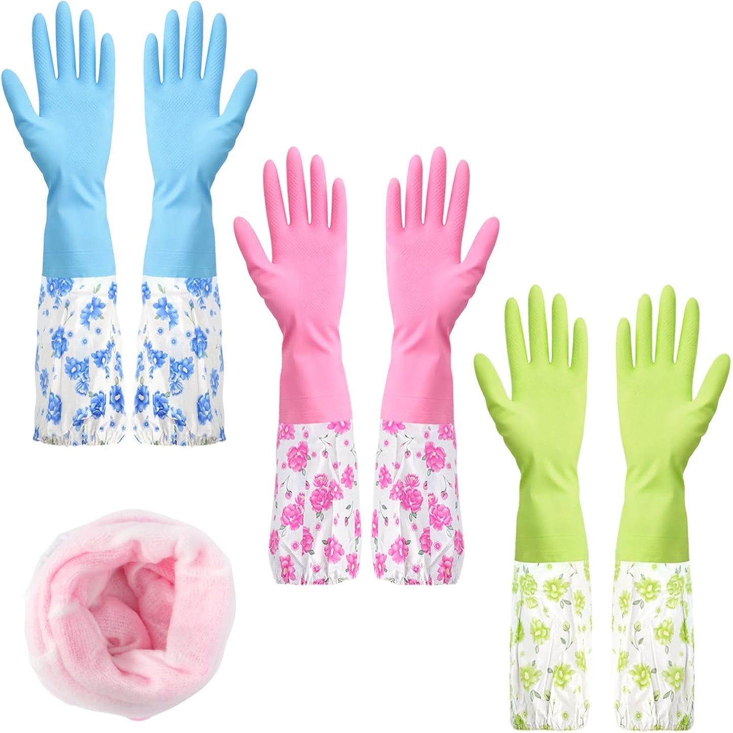 3 Pairs Dishwashing Cleaning Gloves, Reusable Kitchen Long Rubber Gloves with Cotton Lined, Waterproof Non-Slip Latex-Free Household Glove for Laundry Cleaning Working Gardening (Flower)