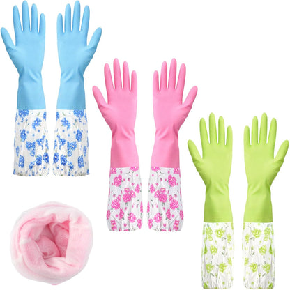 3 Pairs Dishwashing Cleaning Gloves, Reusable Kitchen Long Rubber Gloves with Cotton Lined, Waterproof Non-Slip Latex-Free Household Glove for Laundry Cleaning Working Gardening (Flower)