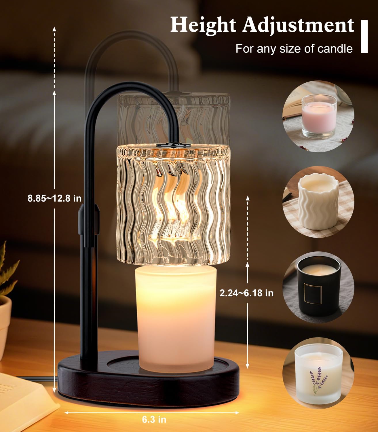 Candle Warmer Lamp Electric: Dimmable Timer Candles Warming Lamps - Height Adjustable Burner Jar - No Flame Scented Melts Wax - All Candle Jars Table Light Home Decor