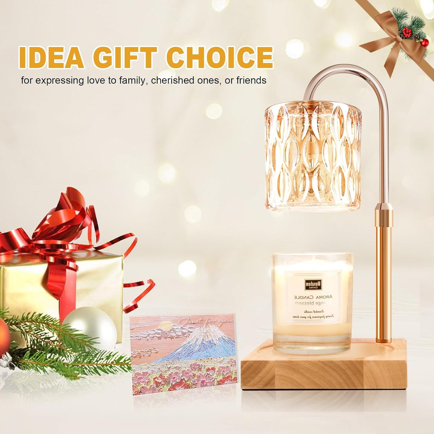 Candle Warmer Lamp with Timer & Dimmer, Candle Warmer Height Adjustable, Fits All Jar Scented Candles, Candle Lamp with 3 Bulbs, Charming Gift Box with Ribbon for Gifting