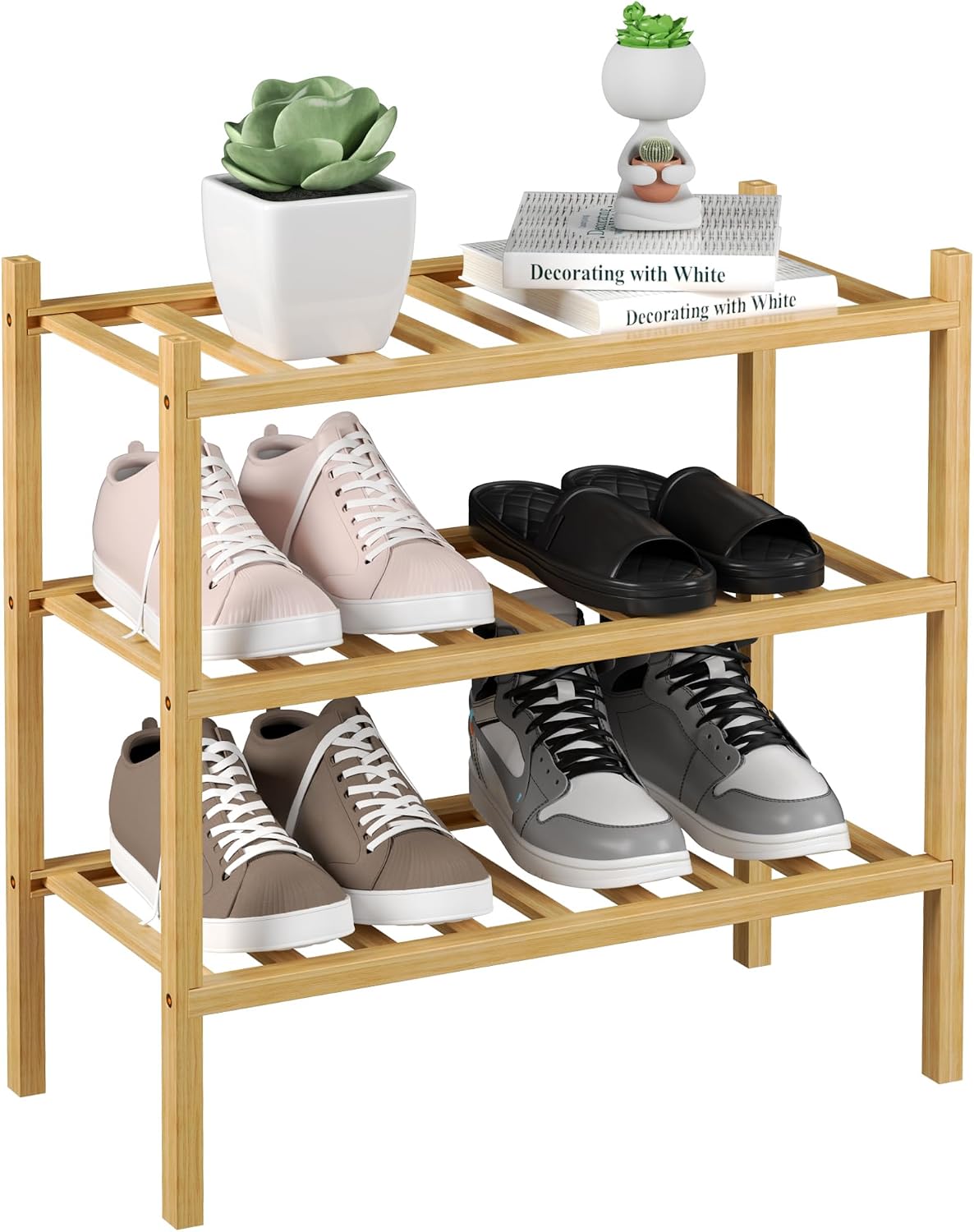 ROMGUAR CRAFT 3 Tier Bamboo Shoe Rack for Closet Free Standing Wood Shoe Shelf Storage Organizer for Entryway Small Space Stackable 27"x11"x20" (Natural)