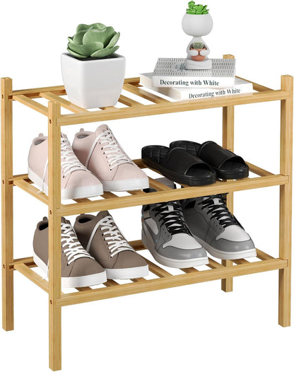 ROMGUAR CRAFT 3 Tier Bamboo Shoe Rack for Closet Free Standing Wood Shoe Shelf Storage Organizer for Entryway Small Space Stackable 27"x11"x20" (Natural)