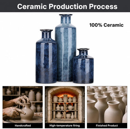 Blue Ceramic Vase Set of 3, Small Vases for Table Decor | Bring farmhouse charm to tables, shelves, mantels, entryways, living rooms, bedrooms and offices.