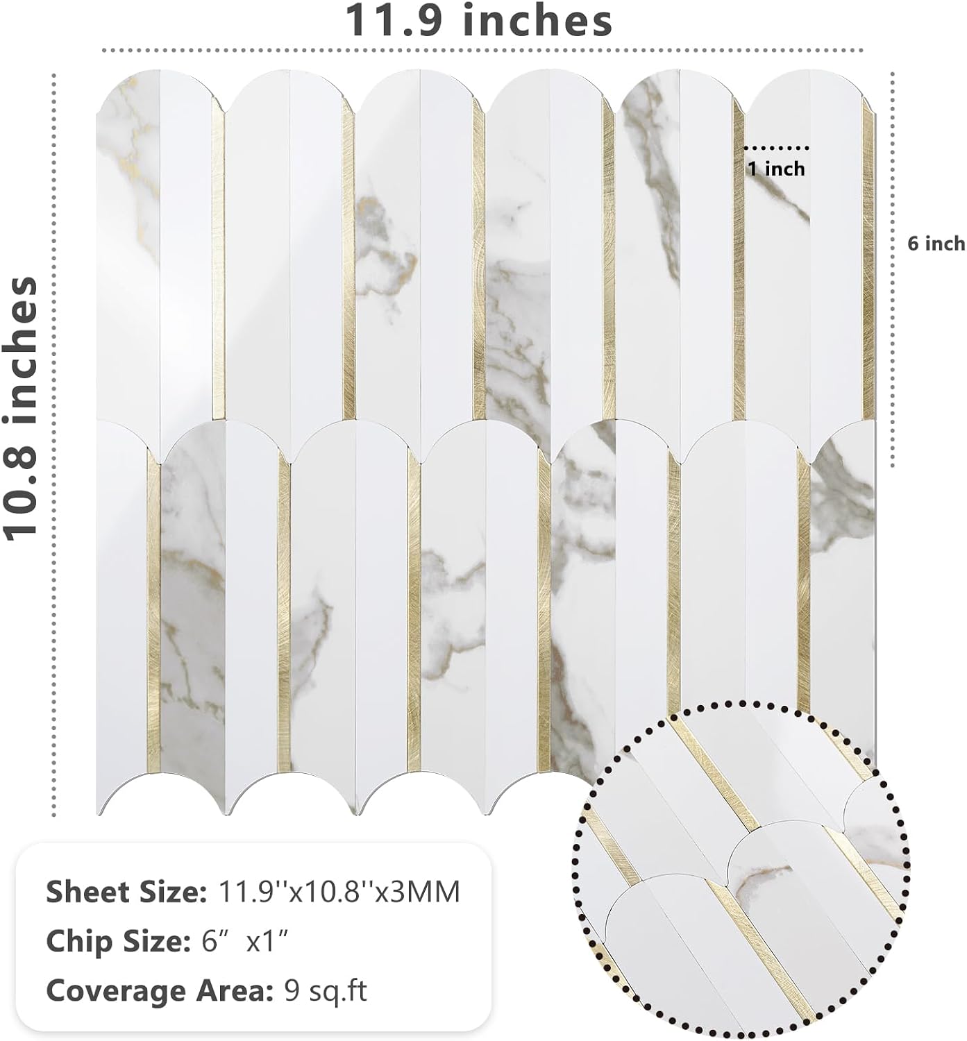 Vamos Peel and Stick Backsplash Seamless Tile for Kitchen and Bathroom,White and Beige Slate PVC Mixed Light Gold Self Adhesive Fish Scale Metal Mosaic Tiles (10 Sheets)