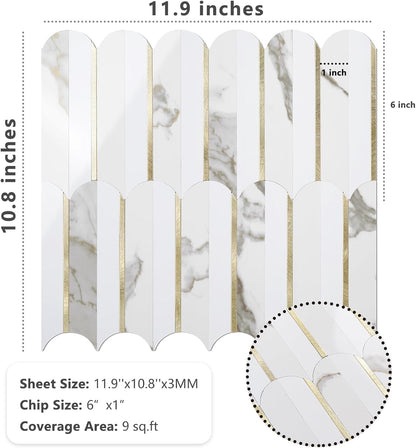 Vamos Peel and Stick Backsplash Seamless Tile for Kitchen and Bathroom,White and Beige Slate PVC Mixed Light Gold Self Adhesive Fish Scale Metal Mosaic Tiles (10 Sheets)