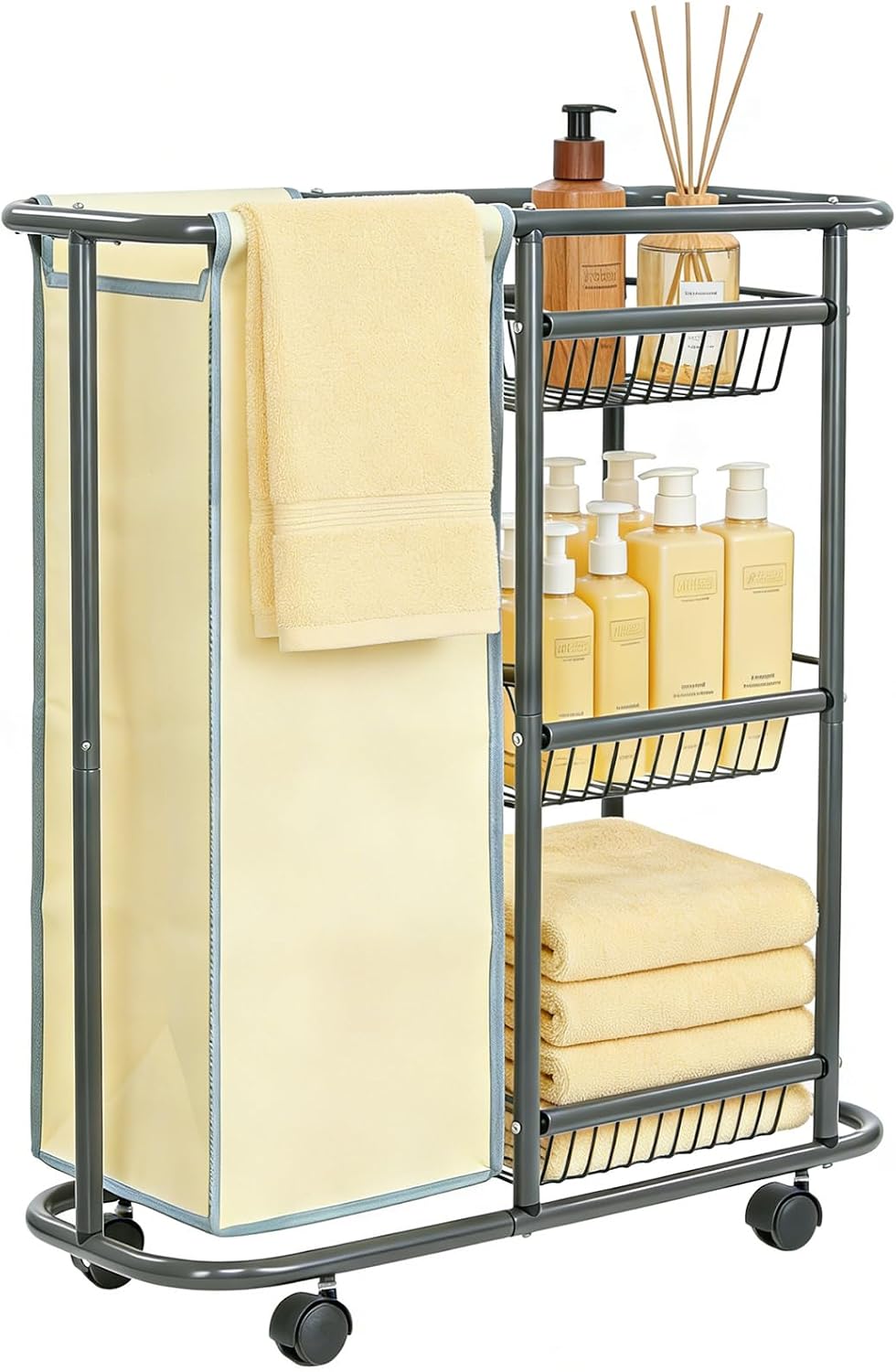 Narrow Laundry Cart with Wheels,3 Baskets and 45L Laundry Bag Metal Rolling Cart for Small Space,Laundry Room Organization and Storage for Bathroom Living Room Apartment Dorm