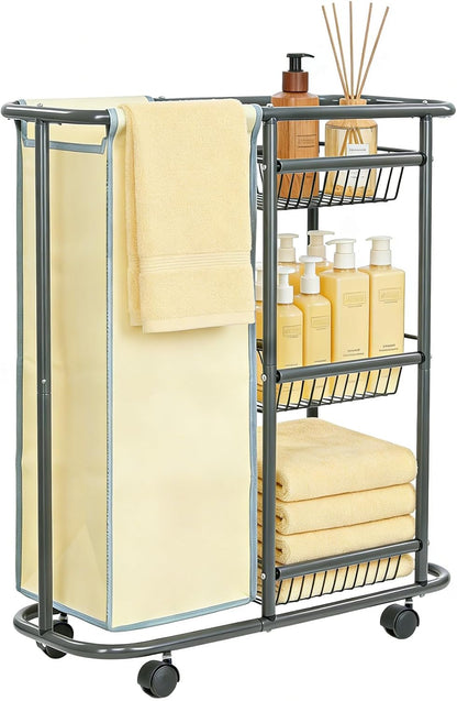 Narrow Laundry Cart with Wheels,3 Baskets and 45L Laundry Bag Metal Rolling Cart for Small Space,Laundry Room Organization and Storage for Bathroom Living Room Apartment Dorm