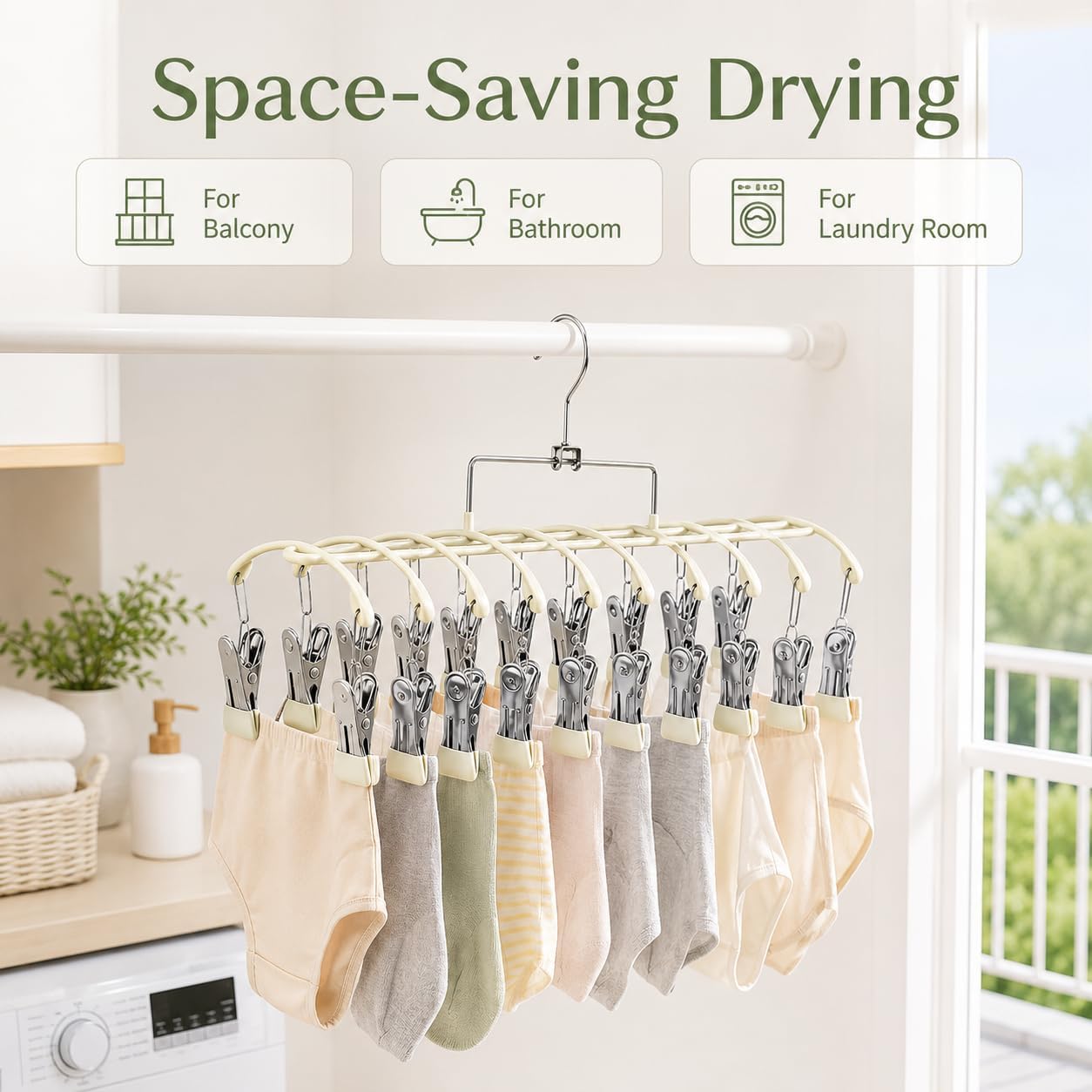 Sock Drying Rack with 20 Clips, Stainless Steel Laundry Hanger for Underwear, Space-Saving Clothes Airer with Foldable Hook, Non-Slip Clip Organizer Drying Station for Small Items