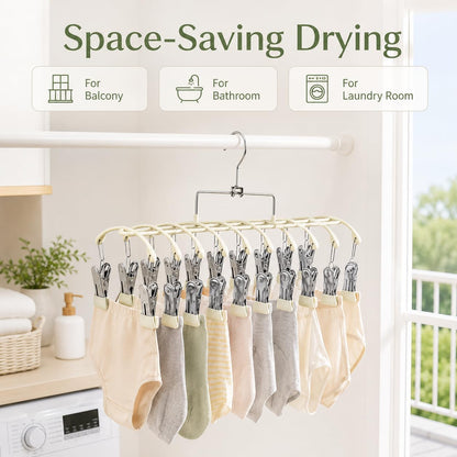 Sock Drying Rack with 20 Clips, Stainless Steel Laundry Hanger for Underwear, Space-Saving Clothes Airer with Foldable Hook, Non-Slip Clip Organizer Drying Station for Small Items