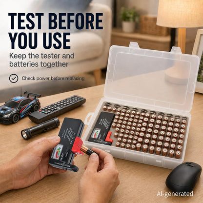 Xuerdon Battery Organizer Case with BT168 Tester 120+ Batteries Storage Box | Clear Plastic Battery Box Holds 49AA 51AAA 10CR2032 10CR1632 Batteries, Wall Mount Drawer Organizer Batteries not Included