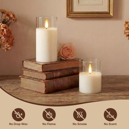 Amagic Clear Glass Flameless Candles Battery Operated with Timer, Remote Control, LED Pillar Candles, Battery Powered, Valentine's Day Decor, Pure White Wax, Set of 3