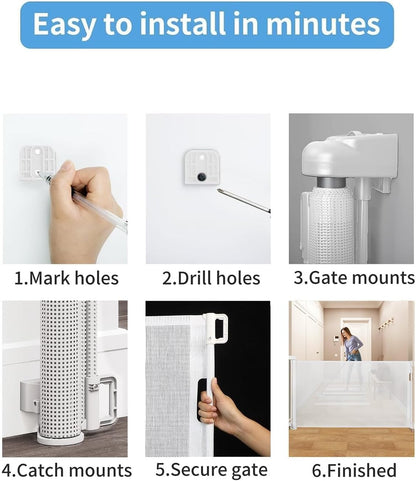 Retractable Baby Gate for Stairs – 33” Height, Expands up to 55” Width – Safety Gate for Infants, Toddlers, Dogs & Pets – Easy Install, Secure Closure, White Mesh Design for Indoor & Outdoor Use