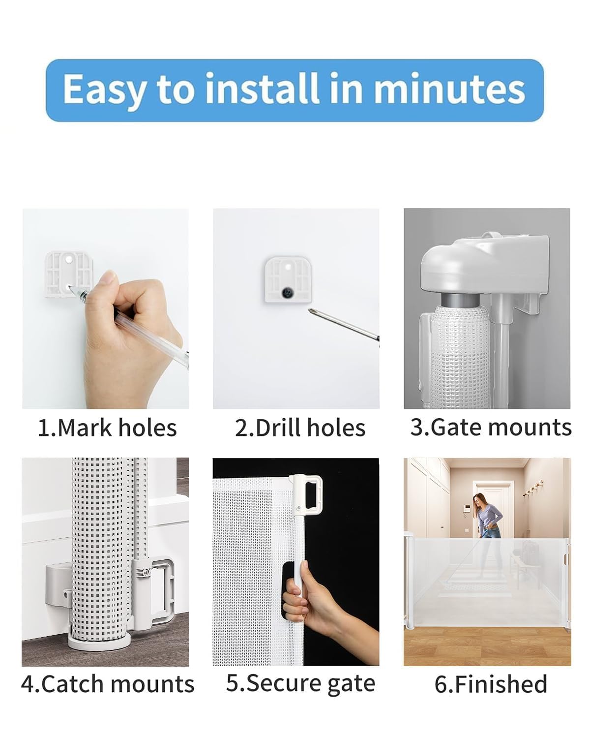 Veraste Retractable Baby Gate for Doorways and Stairs, Mesh Safety Gate for Pet, Indoor & Outdoor Use, One-Hand Operation, Easy Installation, 33.6" Tall, Expands to 55" Wide（White,33.6"x55"