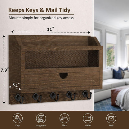 Nekon Key and Mail Holder for Wall, Key Organizer with 5 Hooks & Storage Drawer, 11" W x 7.9" H x 3.1" D Wooden Key Rack for Entryway and Home Decor (Black)