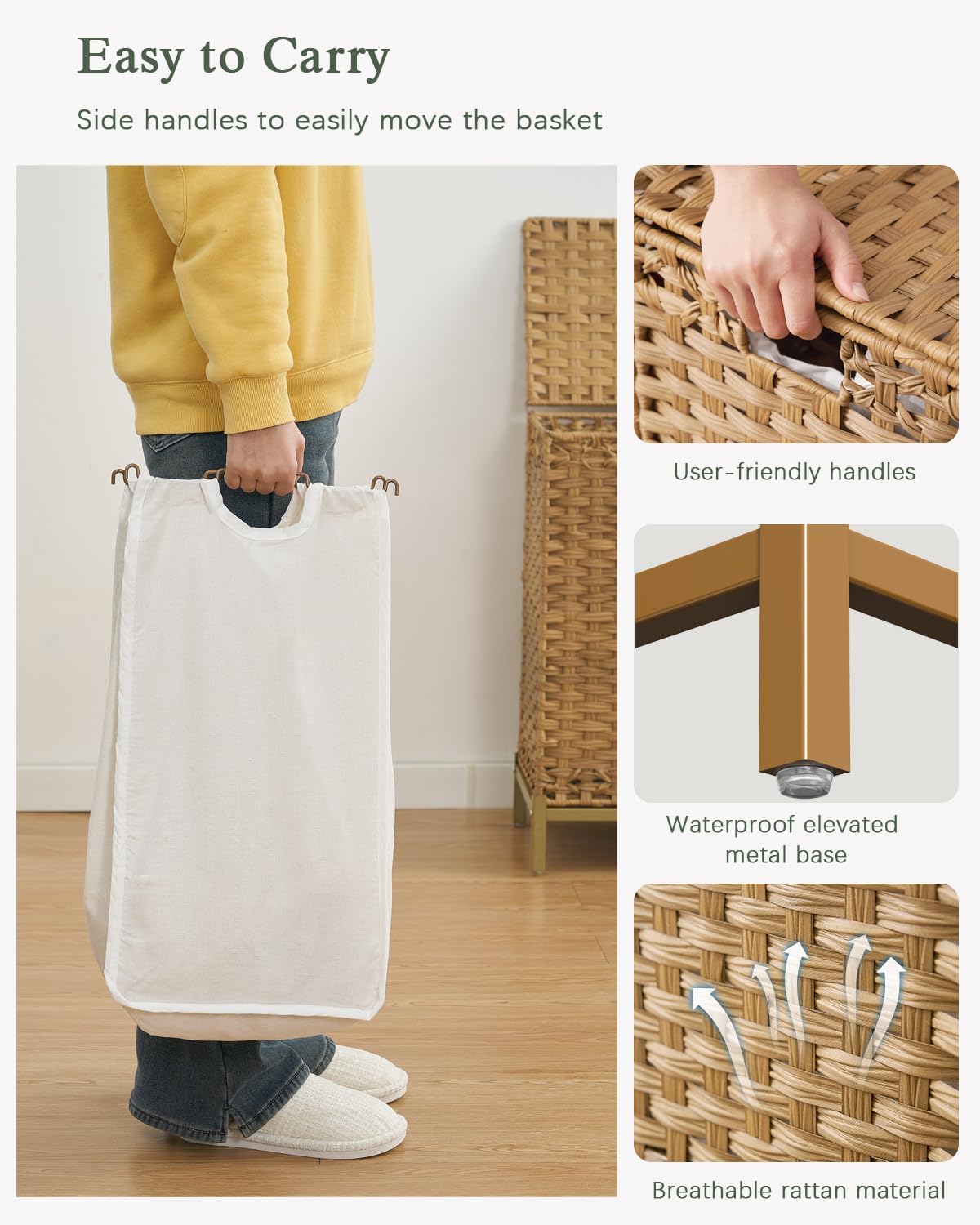 SETVSON Laundry Hamper with Lid 132 L, (35 Gallons) Clothes Hamper with Lid, Handwoven Rattan Laundry Hamper with Metal Heightened Feet, Laundry Hampers with 3 Removable Liner Bags for Laundry-Natural