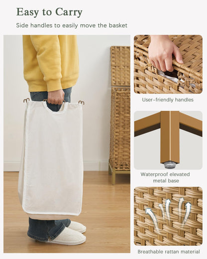 SETVSON Laundry Hamper with Lid 132 L, (35 Gallons) Clothes Hamper with Lid, Handwoven Rattan Laundry Hamper with Metal Heightened Feet, Laundry Hampers with 3 Removable Liner Bags for Laundry-Natural