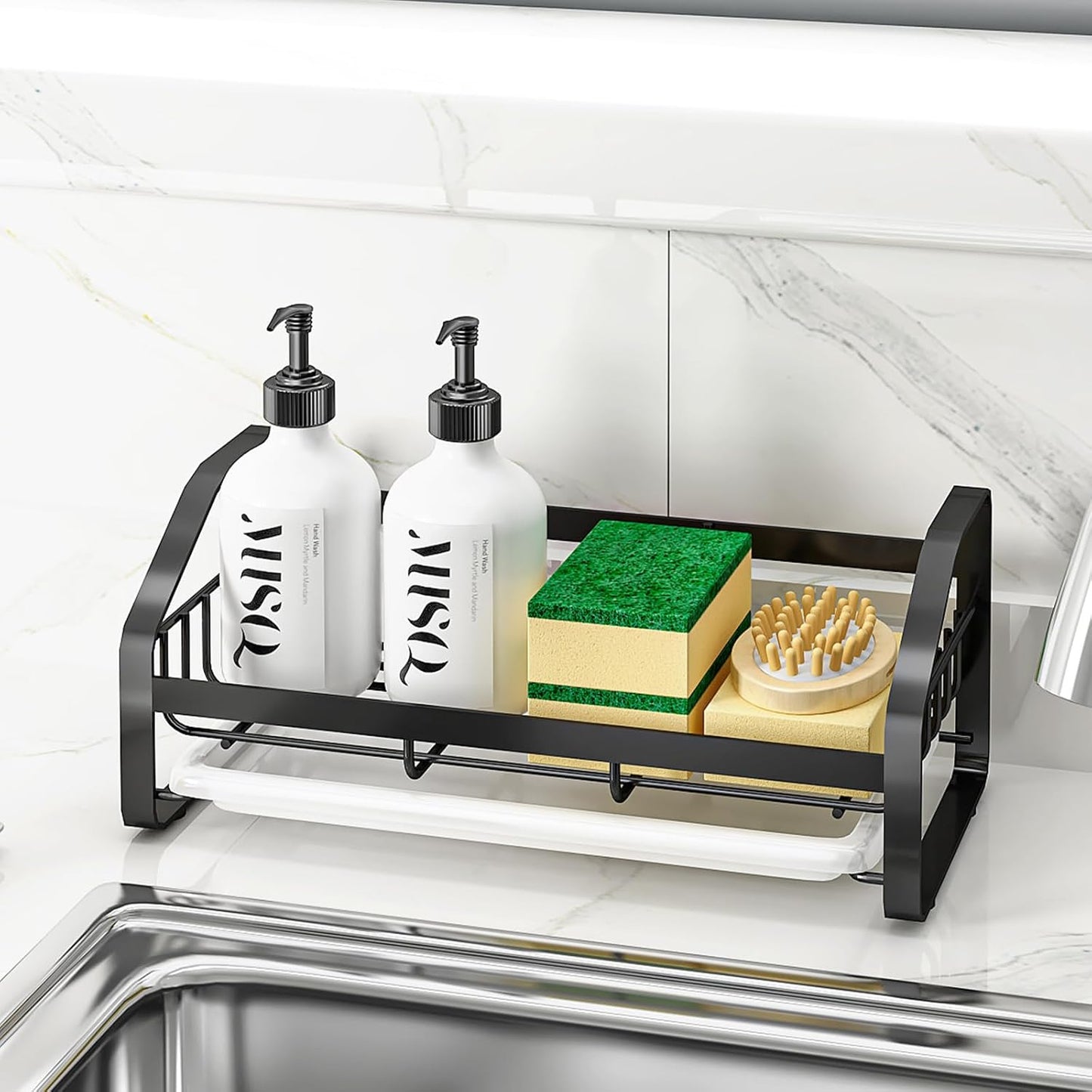 BSKSSK Sink Caddy,Sponge Holder for Kitchen Sink, Kitchen Bathroom Sink Organizer,304 Stainless Steel Kitchen Countertop Organizer Soap Tray with Removable Drain Tray Length Version - Silver