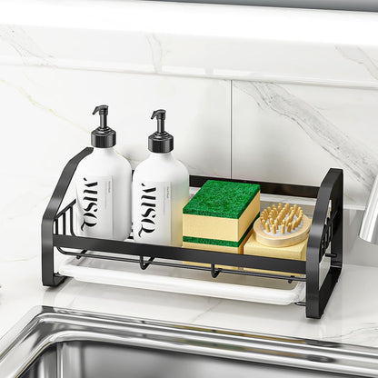 BSKSSK Sink Caddy,Sponge Holder for Kitchen Sink, Kitchen Bathroom Sink Organizer,304 Stainless Steel Kitchen Countertop Organizer Soap Tray with Removable Drain Tray Length Version - Silver
