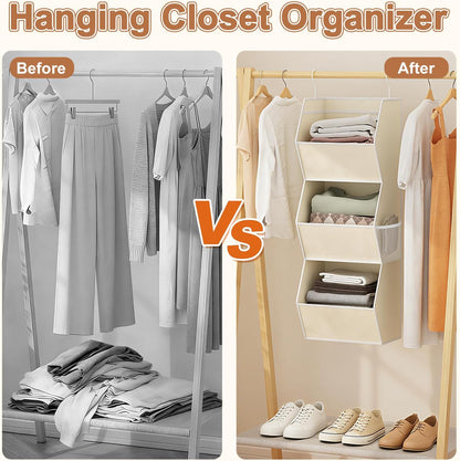 Hanging Closet Organizer 4 Shelf Collapsible Bedroom Closet Organizers and Storage Hanging with Mesh Pockets for Clothes, Fabric Hanging Storage Bins for Wardrobe Closet Organization and Storage, Grey