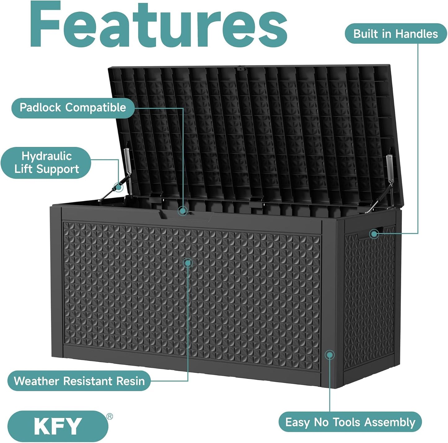 320 Gallon Waterproof Outdoor Storage Box, UV Resistant Resin Deck Box with Hydraulic Rod for Reinforced Stability, Perfect for Patio, Garden, and Pool（Black，320 Gallon）