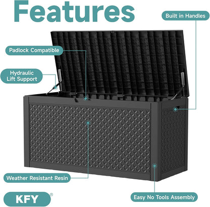 320 Gallon Waterproof Outdoor Storage Box, UV Resistant Resin Deck Box with Hydraulic Rod for Reinforced Stability, Perfect for Patio, Garden, and Pool（Black，320 Gallon）