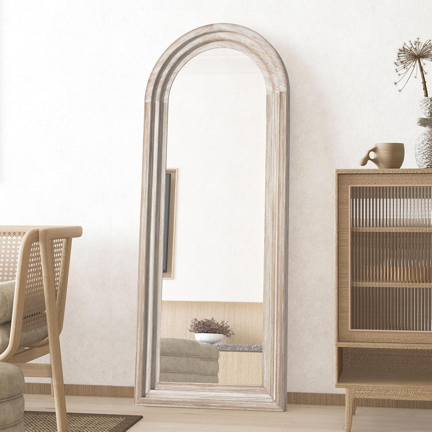 71x32 Inch Arched Full Length Mirror with Solid Wood Frame Wall Mounted Floor Mirror, Vertical Hanging Leaning Standing Mirror for Living Room, Bedroom, Entryway, Brown