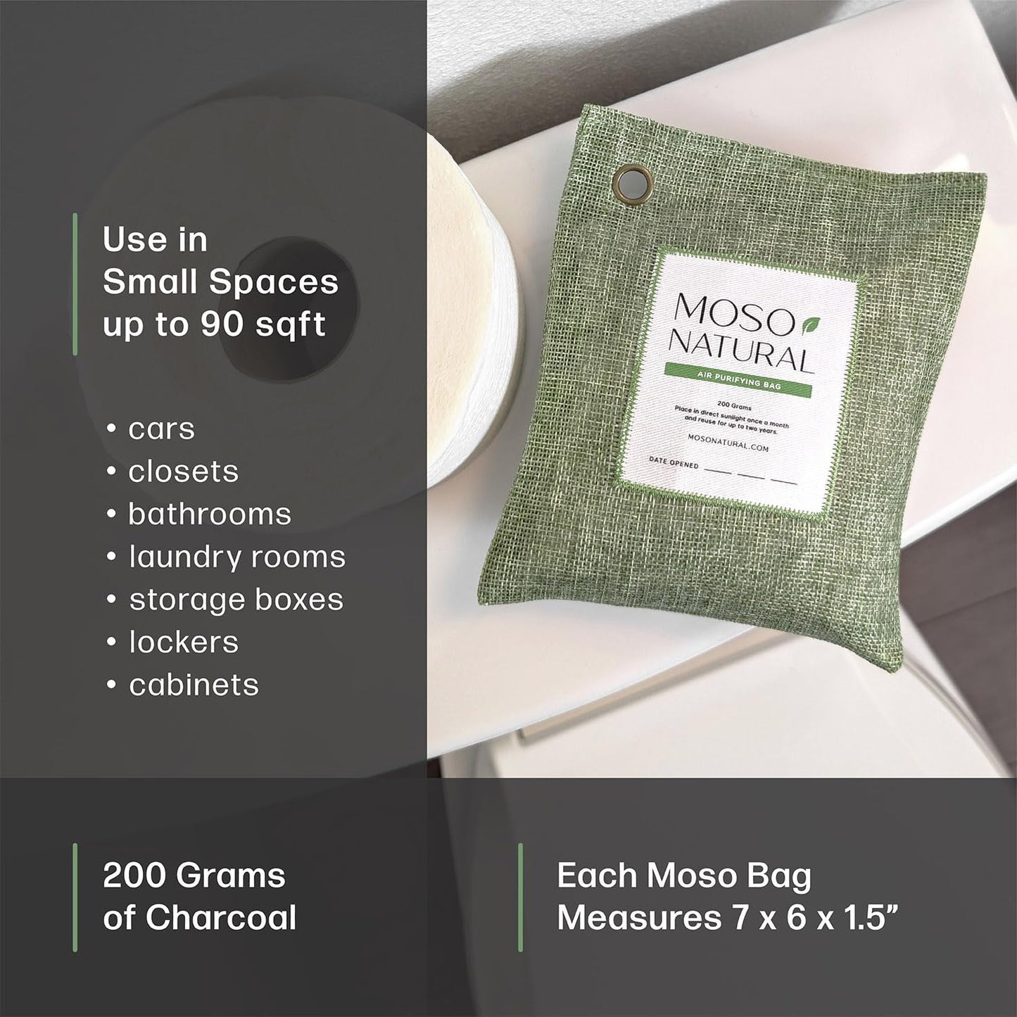 Moso Natural Air Purifying Bag 200g (3 Pack) Charcoal Odor Absorber, Car Odor Eliminator & Closet Deodorizer for Home & Pet, Lasts 2 Years, Unscented Bamboo Charcoal Bags, HGTV Editors' Pick (Green)