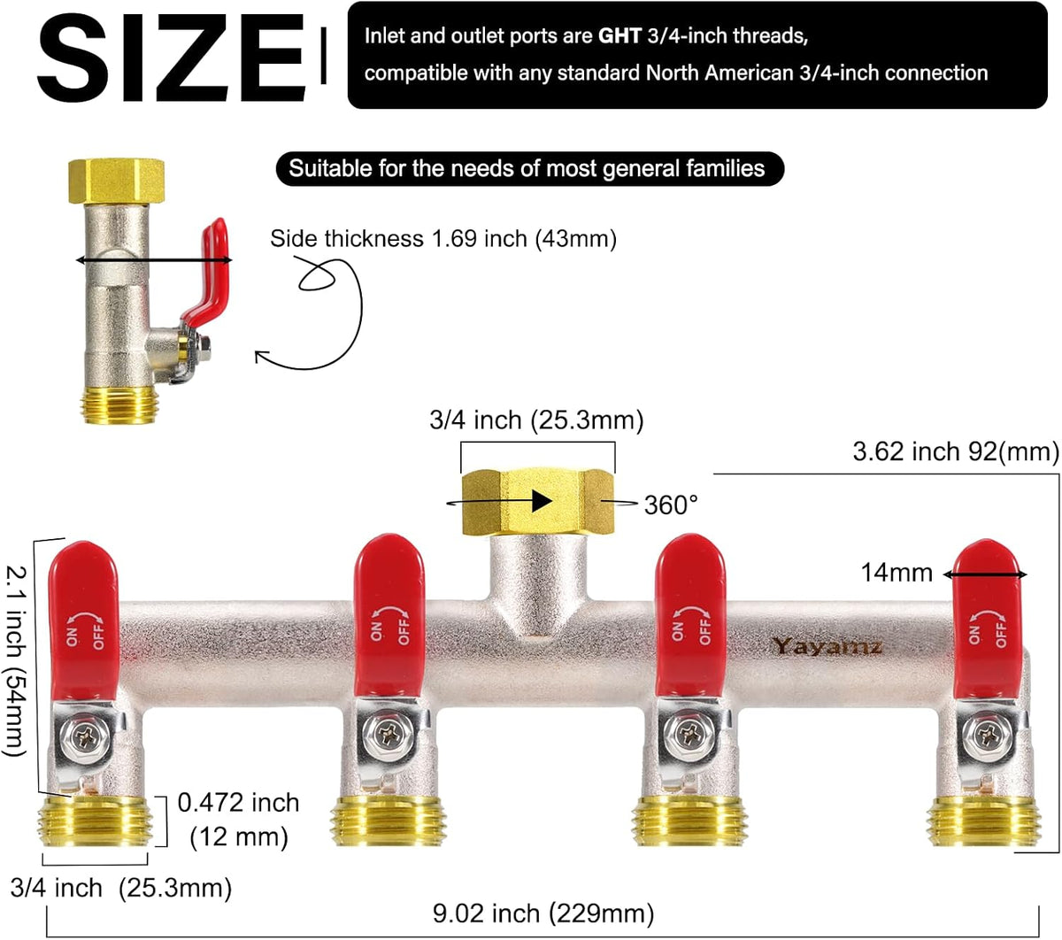 Garden Hose Splitter, 3/4” Rust and Freeze Resistant Outdoor Hose Manifold with 2 green Extra Long Handles Faucet Adapter-Heavy Duty Brass Nickel Plated 2-Way Valve