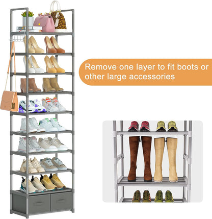 OYREL Tall Shoe Rack Narrow 10 Tier Shoes Rack 20 25 Pairs, Shoe Storage Organizer for Closet, Sturdy Metal Shoe Shelf Shoe Stand with 2 Boxes 1 Hook