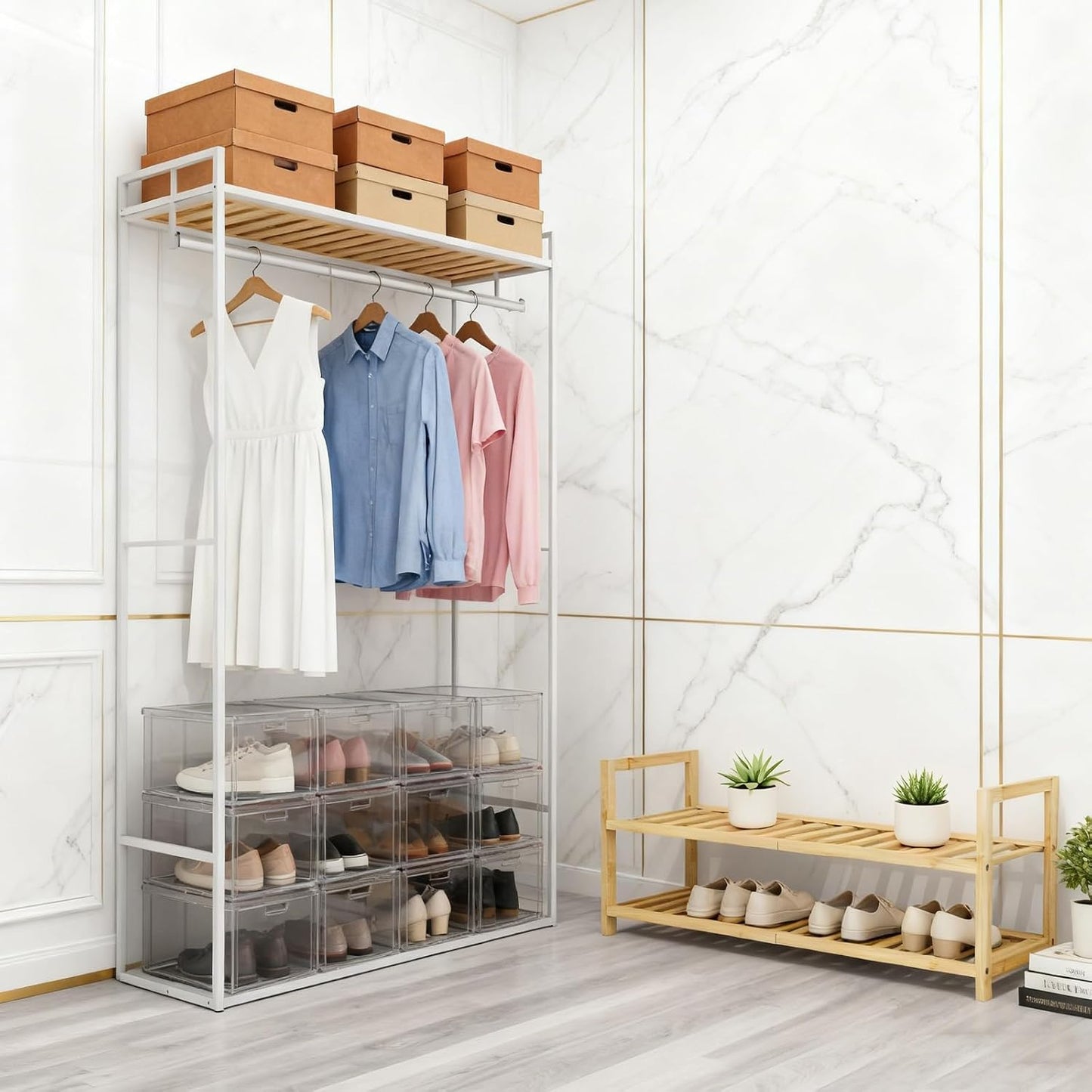 4 Tier Bamboo Wooden Shoe Rack for Closet & Entryway, Free Standing Shoe Rack Stand Organizer Shelf for Garage, Bedroom, Small Space Storage, Stackable