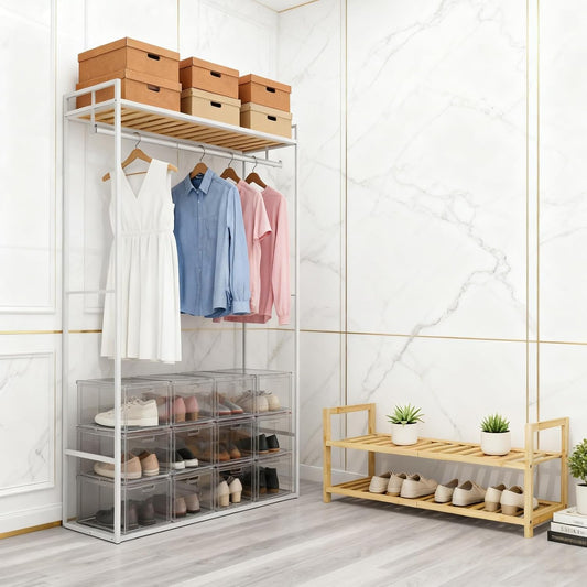 4 Tier Bamboo Wooden Shoe Rack for Closet & Entryway, Free Standing Shoe Rack Stand Organizer Shelf for Garage, Bedroom, Small Space Storage, Stackable