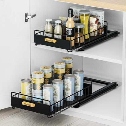 2 Pack Under Sink Organizer with Ball Bearing Sliding Drawer, Heavy Duty Pull Out Cabinet Organizer, 2 Tier Adjustable Storage Rack for Kitchen Bathroom, Space Saving Design, White