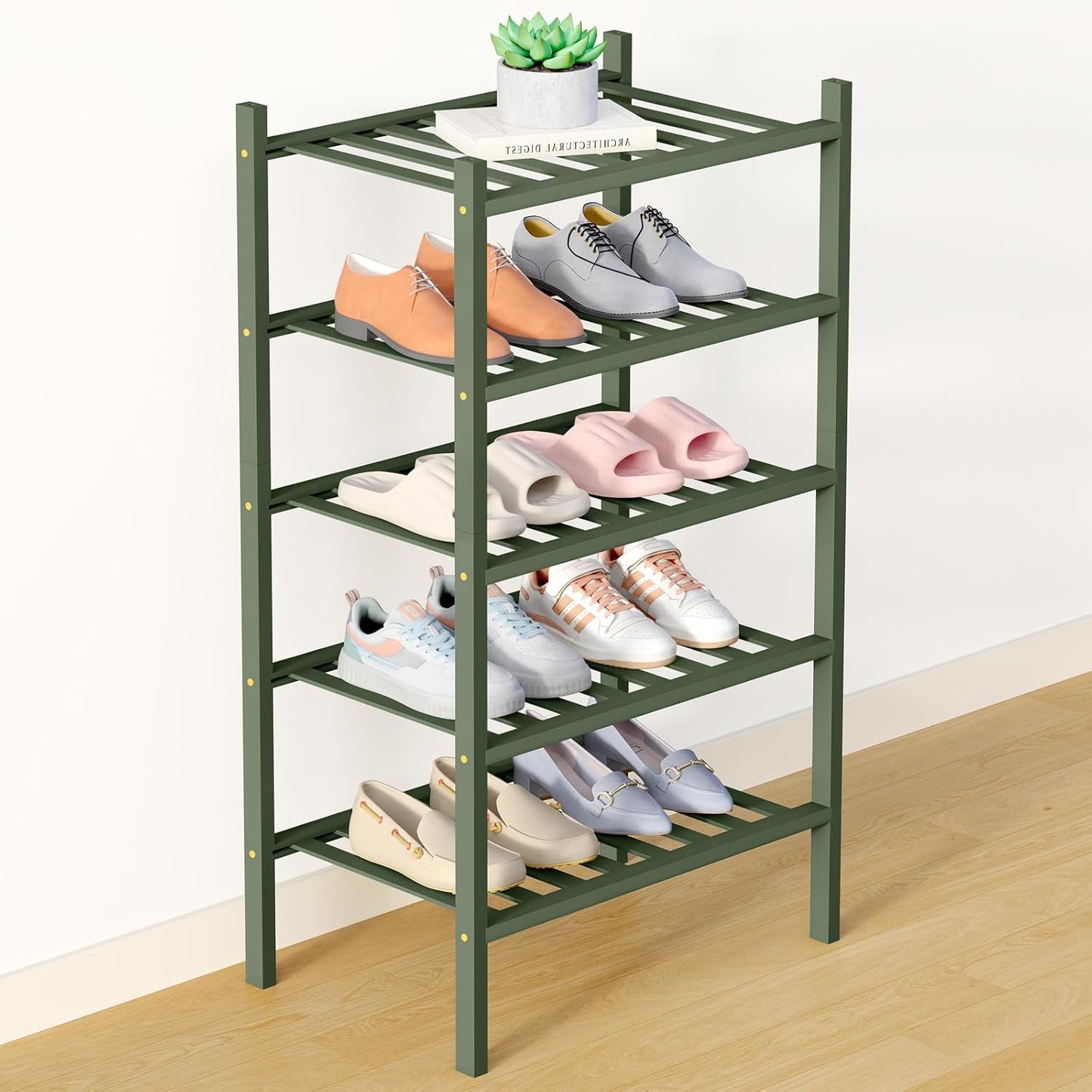 Smiry Bamboo Shoe Rack for Closet, 3 Tier Wooden Shoe Organizer, Stackable Wood Shoe Storage Shelf for Entryway, 14 Vertical Slats, One-piece Heavy-Duty Legs, 26.77"x11.02"x18.31", Natural