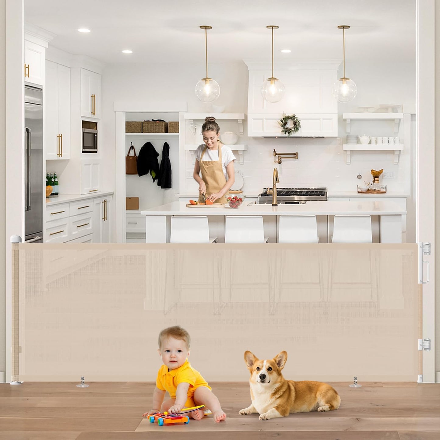 Retractable Baby Gate for Stairs & Doorways, Mesh Dog Gate Indoor Outdoor, Extends to 55" Wide 34" Tall Child Gate for Hallways, Deck, Porch, Pet Toddler Safety Essentials, Easy Install, Grey