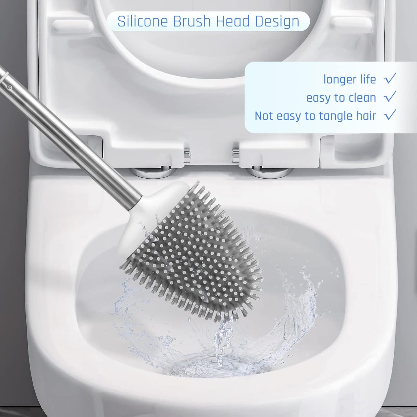 Sellemer Toilet Brush and Holder Set - Flexible Toilet Bowl Brush Head with Silicone Bristles, Compact Size for Storage and Organization, Ventilation Slots Base (1 Pack, Silver)