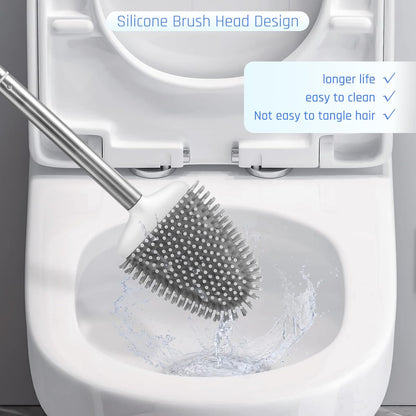 Sellemer Toilet Brush and Holder Set - Flexible Toilet Bowl Brush Head with Silicone Bristles, Compact Size for Storage and Organization, Ventilation Slots Base (1 Pack, Silver)