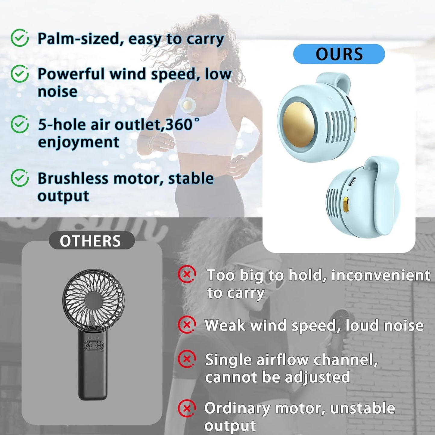 Portable Clip-On Fan, Mini USB Rechargeable 360° Rotatable Fan, Personal Fan 3-Speed Silent Mini Bladeless Fans